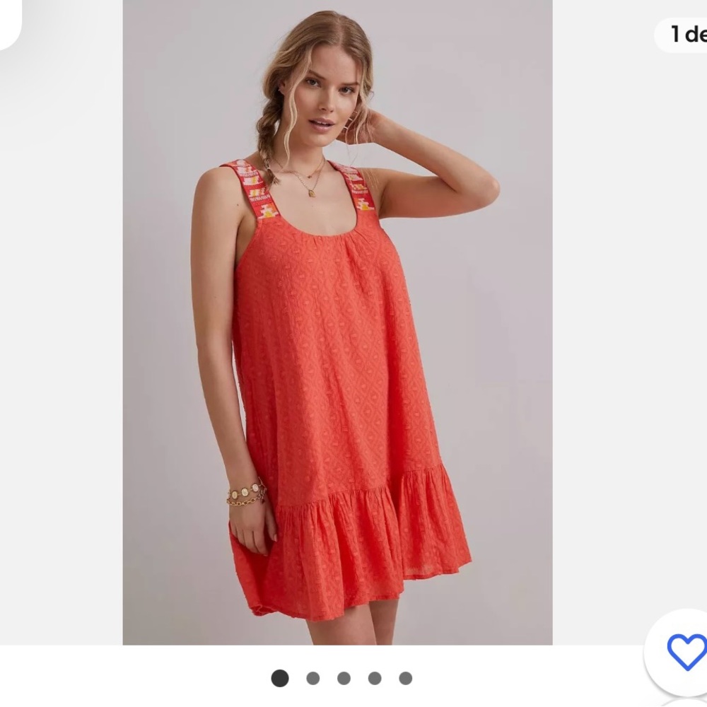 Anthropologie Coral Embroidered Ruffle Hem Tribal Mini Tunic Tank Dress Large